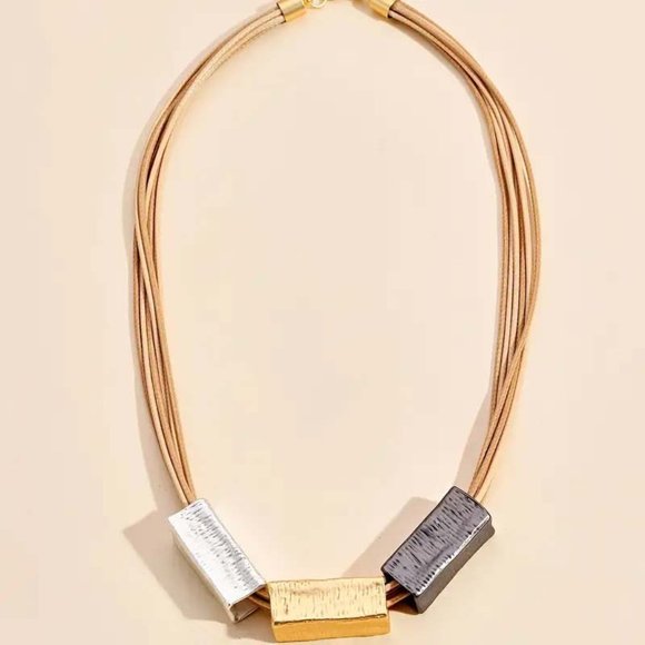 SQUARE CONSTRUCTION TUBES TRI TONE ON FAUX LEATHER CORDS NECKLACE 46 - Picture 2 of 4